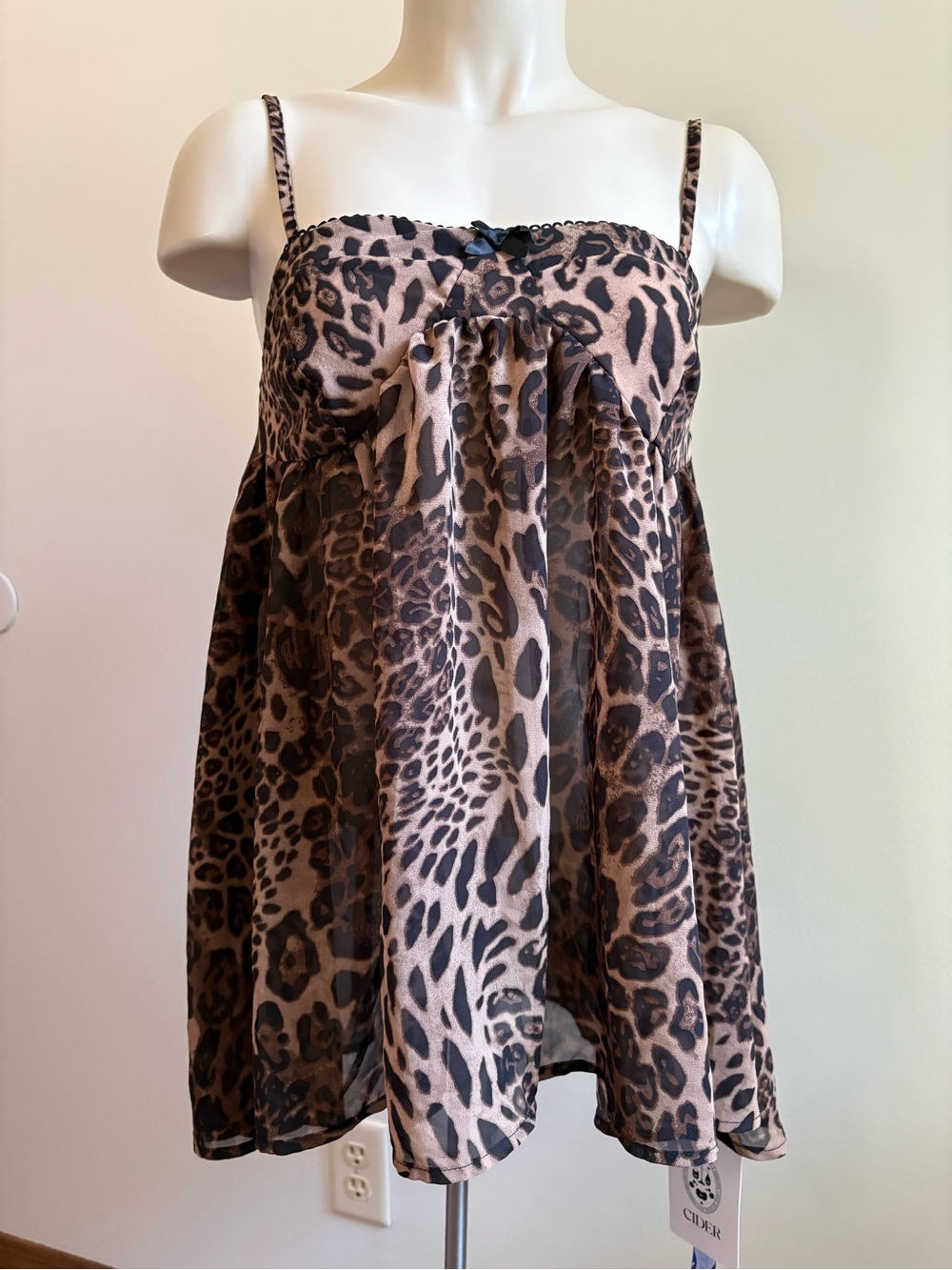 NWT Cider Leopard Print Sheer Chiffon Babydoll Nightdress Size Small